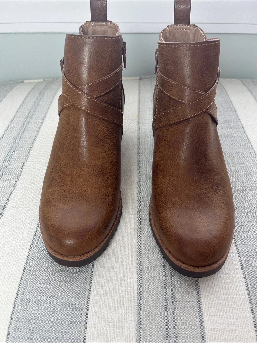 Life Stride Brown Faux-Leather Ankle Booties with Wrap Strap